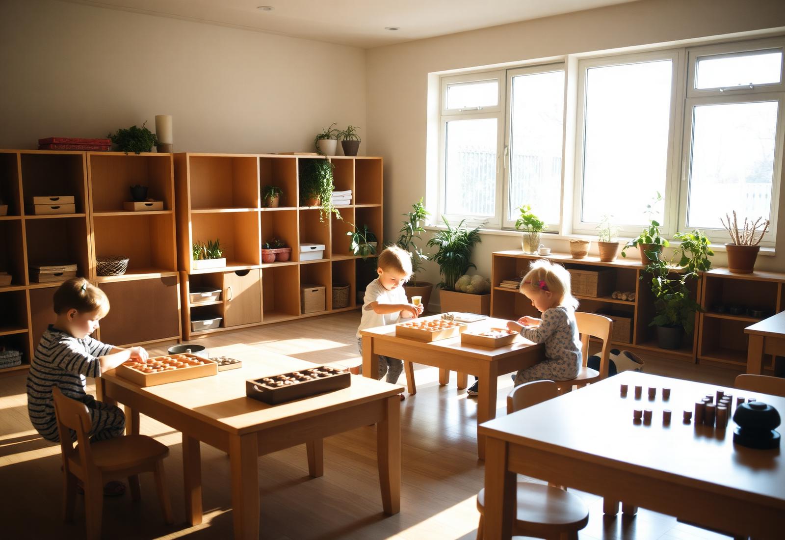 Sunlit Montessori classroom with children working at small wooden tables