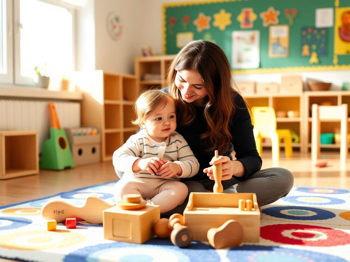 Mother and toddler exploring wooden toys together