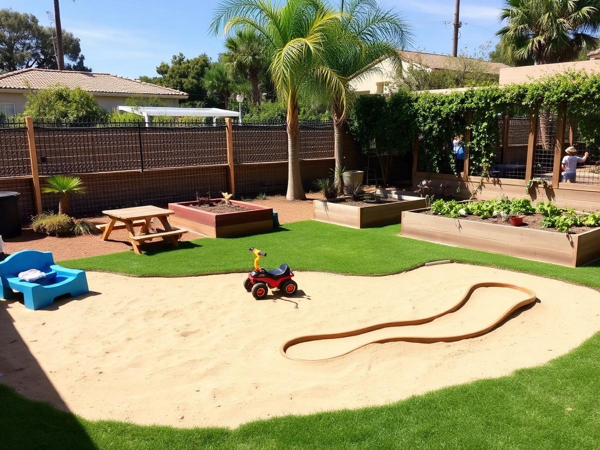 Outdoor playground with sand area and garden plots